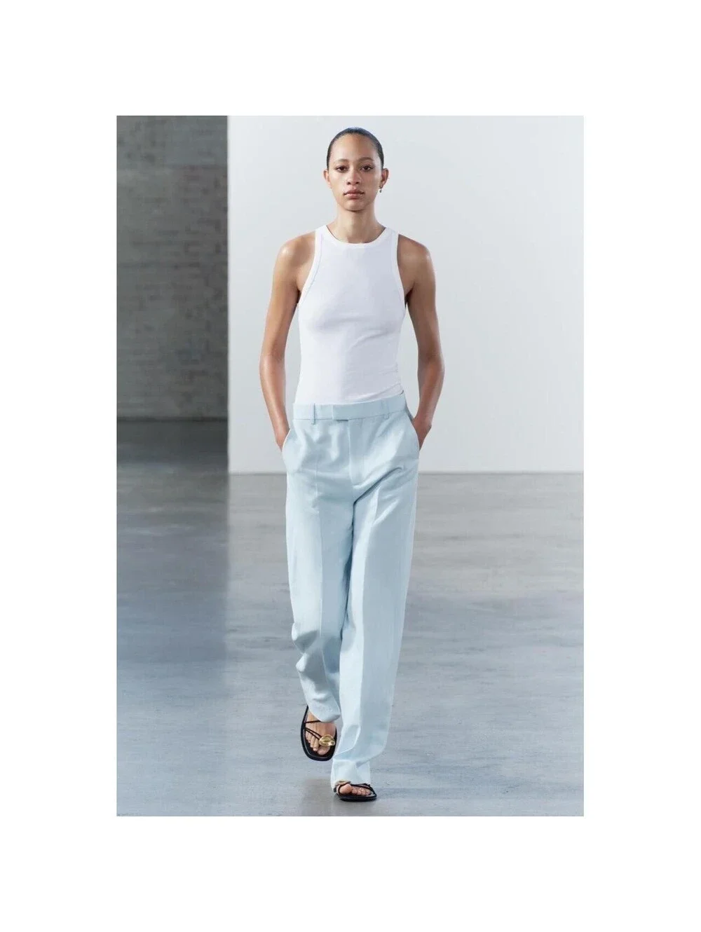ZARA NWT ZW COLLECTION LINEN BLEND STRAIGHT FIT PANTS IN BLUE-SIZE LARGE